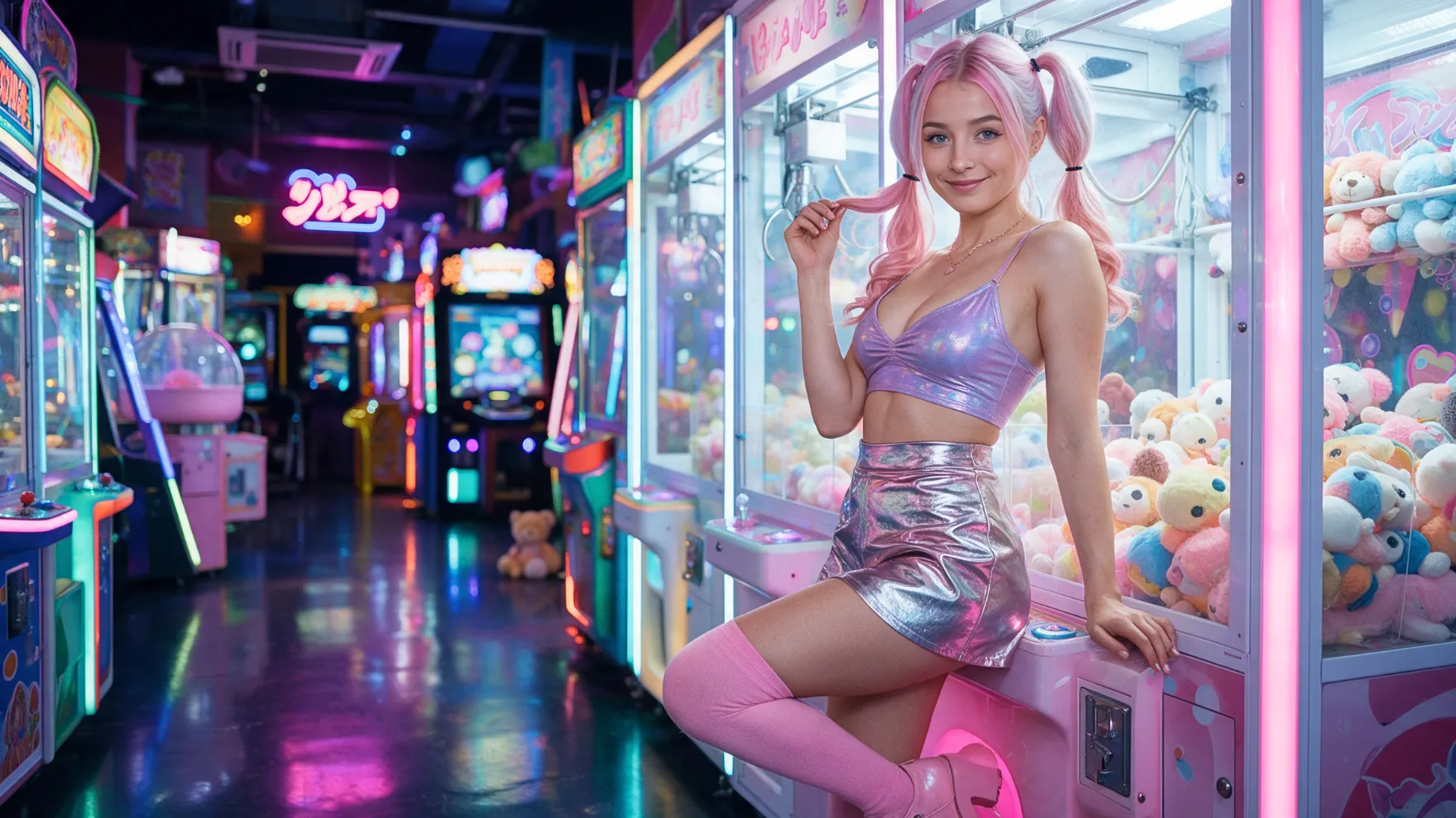 Zoe in a neon arcade, leaning on a claw machine